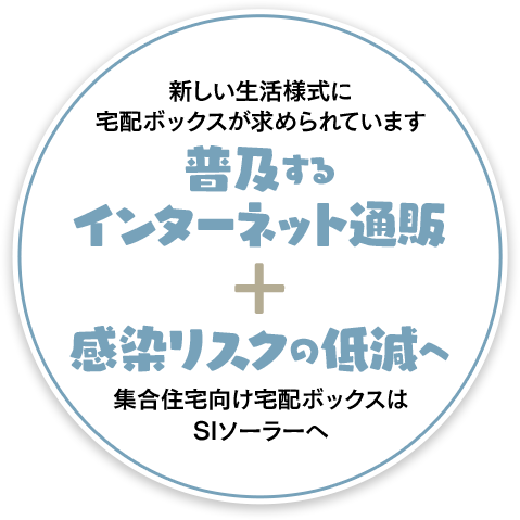 新しい生活様式に宅配ボックスが求められています 普及する
インターネット通販 + 感染リスクの低減へ 集合住宅向け宅配ボックスはSIソーラーへ